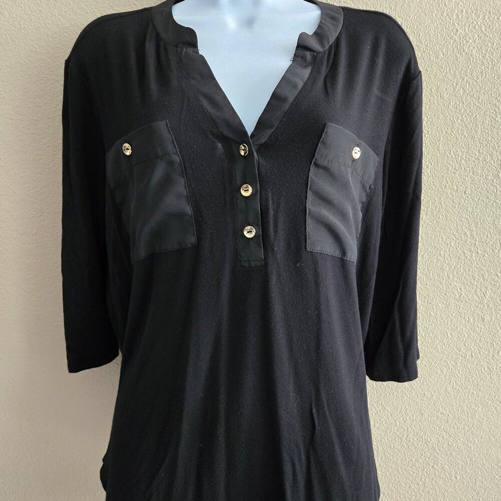 Black Mixed Media Henley Blouse w/ Satin Trim & Gold Buttons